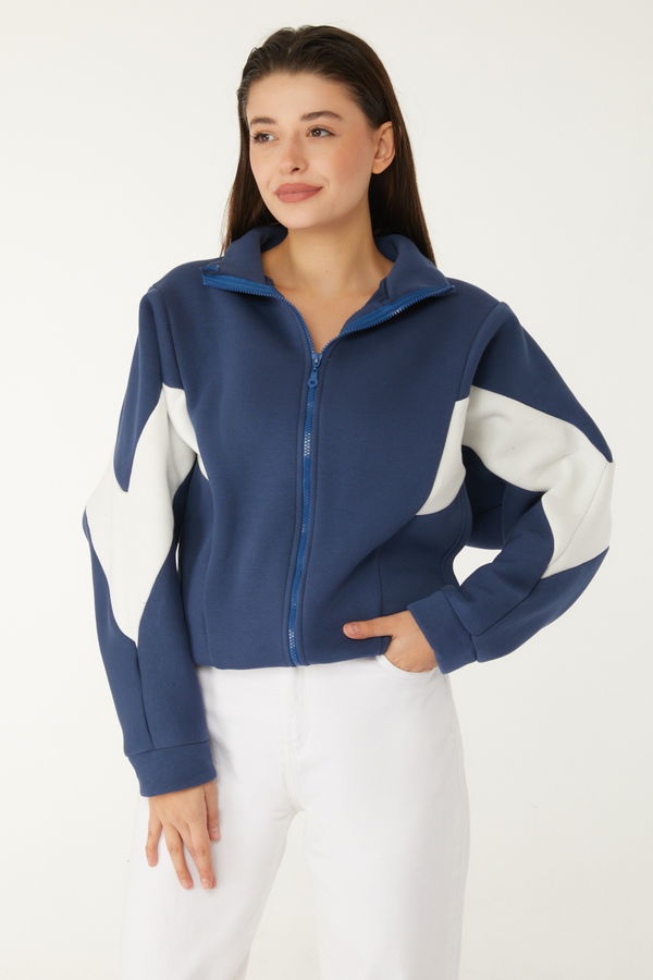 Düz Hakim Yaka Kadın Lacivert Fermuarlı sweatshirt - 26543