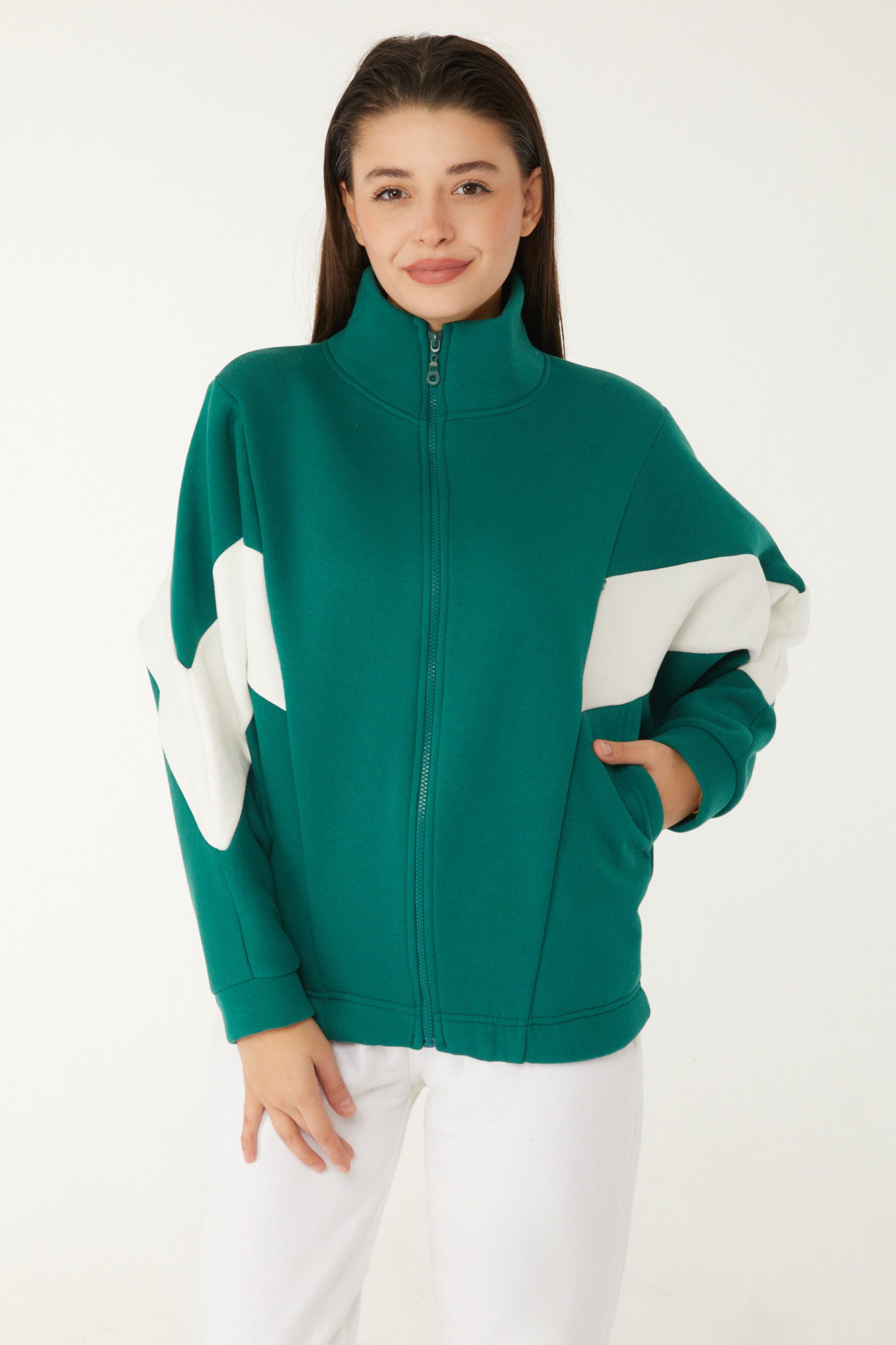 Düz Hakim Yaka Kadın Yeşil Fermuarlı sweatshirt - 26543