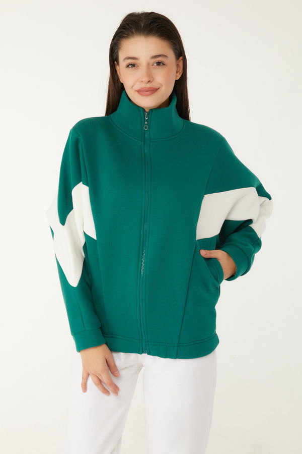 Düz Hakim Yaka Kadın Yeşil Fermuarlı sweatshirt - 26543