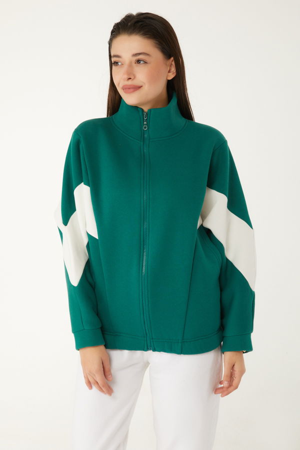 Düz Hakim Yaka Kadın Yeşil Fermuarlı sweatshirt - 26543
