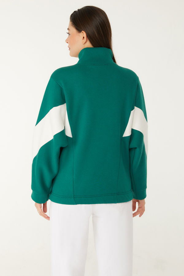 Düz Hakim Yaka Kadın Yeşil Fermuarlı sweatshirt - 26543