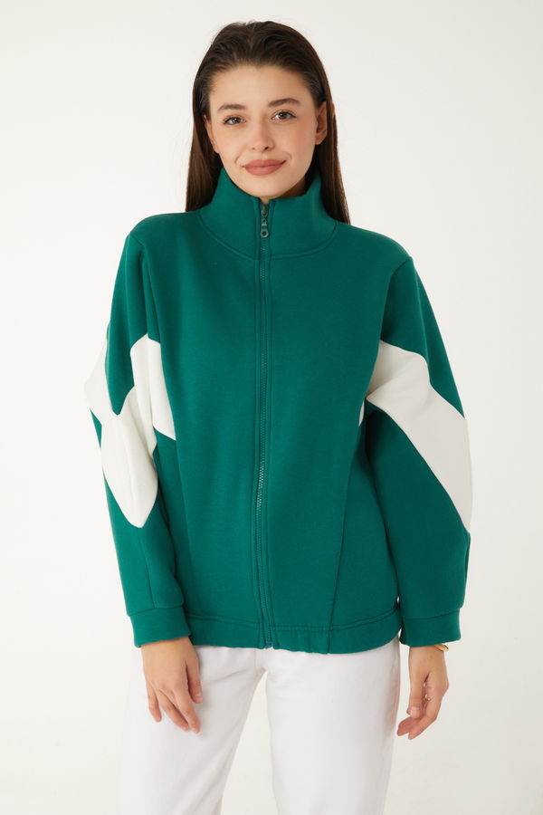 Düz Hakim Yaka Kadın Yeşil Fermuarlı sweatshirt - 26543