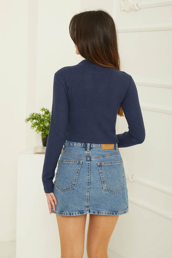 Uzun Kollu Crop Lacivert - 26773