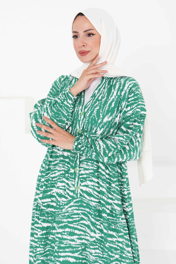 Düğmeli Desenli Elbise - 27424 BEYAZ