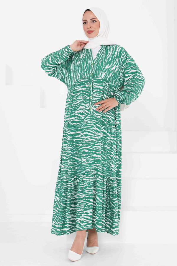 Düğmeli Desenli Elbise - 27424 BEYAZ