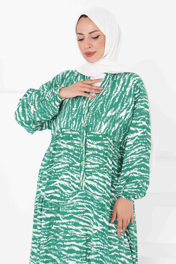 Düğmeli Desenli Elbise - 27424 BEYAZ