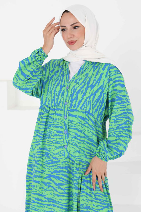 Düğmeli Desenli Elbise - 27424 YEŞİL