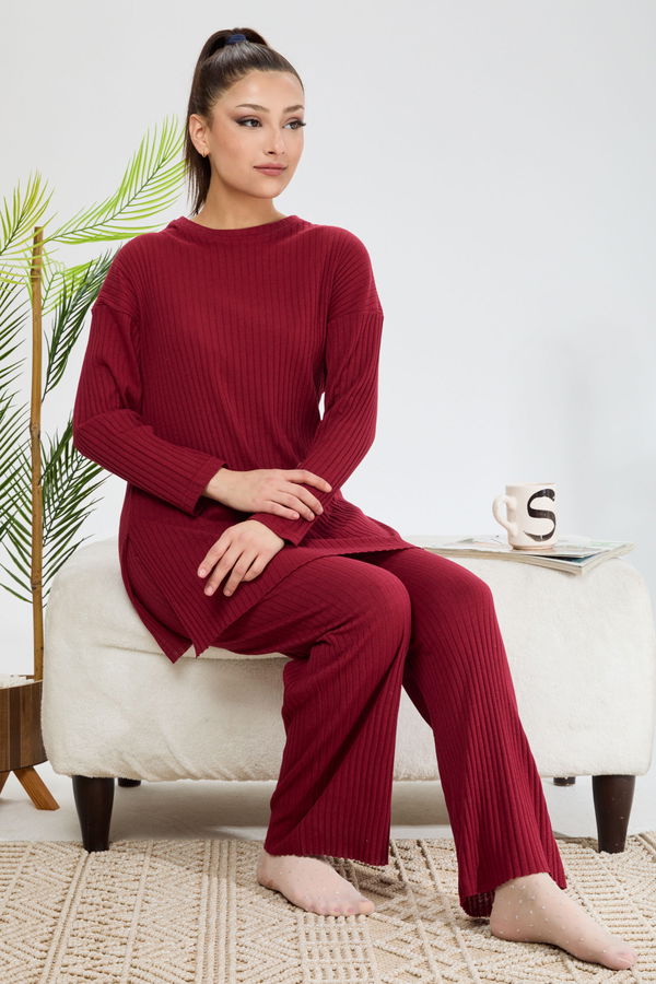 Düz Bisiklet Yaka Kadın Bordo Tunik Pantolon - 23462