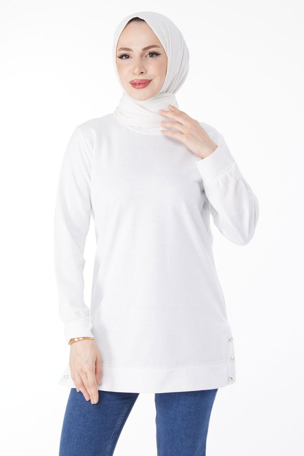 Düz Bisiklet Yaka Kadın Beyaz Yanları Düğme Detaylı Sweatshirt - 24757