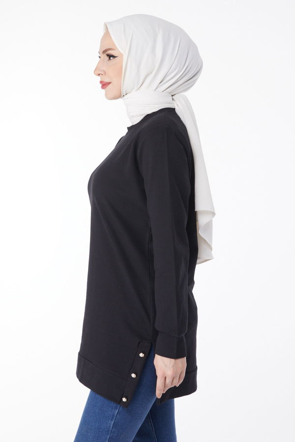 Düz Bisiklet Yaka Kadın Siyah Yanları Düğme Detaylı Sweatshirt - 24757