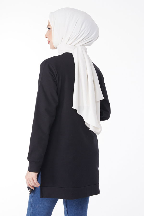 Düz Bisiklet Yaka Kadın Siyah Yanları Düğme Detaylı Sweatshirt - 24757