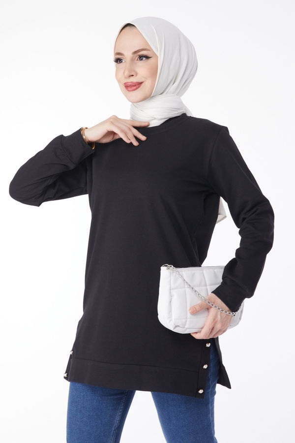 Düz Bisiklet Yaka Kadın Siyah Yanları Düğme Detaylı Sweatshirt - 24757