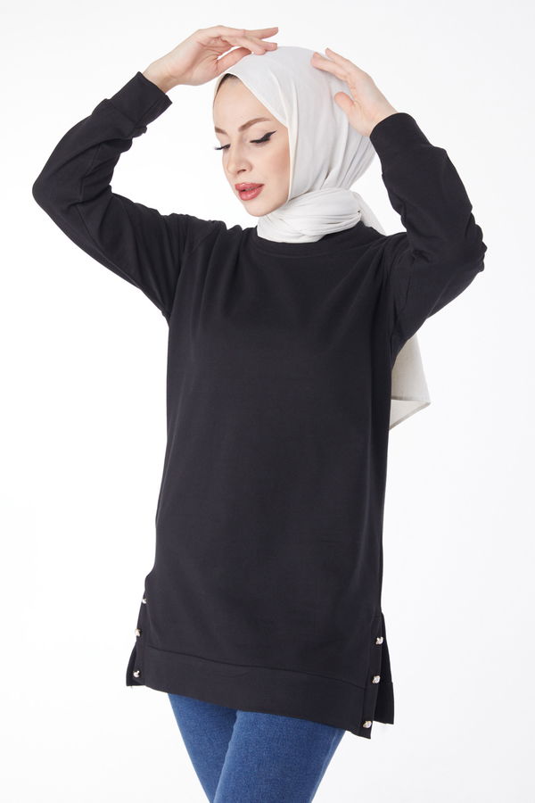 Düz Bisiklet Yaka Kadın Siyah Yanları Düğme Detaylı Sweatshirt - 24757