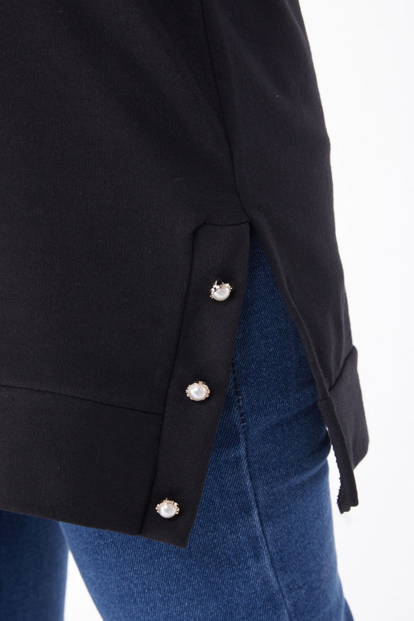 Düz Bisiklet Yaka Kadın Siyah Yanları Düğme Detaylı Sweatshirt - 24757