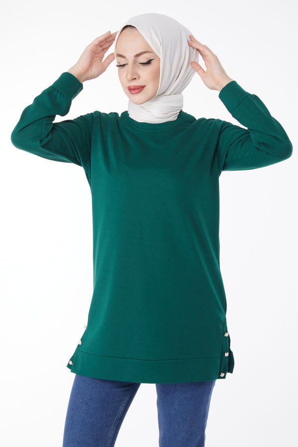 Düz Bisiklet Yaka Kadın Yeşil Yanları Düğme Detaylı Sweatshirt - 24757