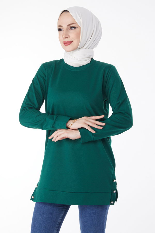 Düz Bisiklet Yaka Kadın Yeşil Yanları Düğme Detaylı Sweatshirt - 24757