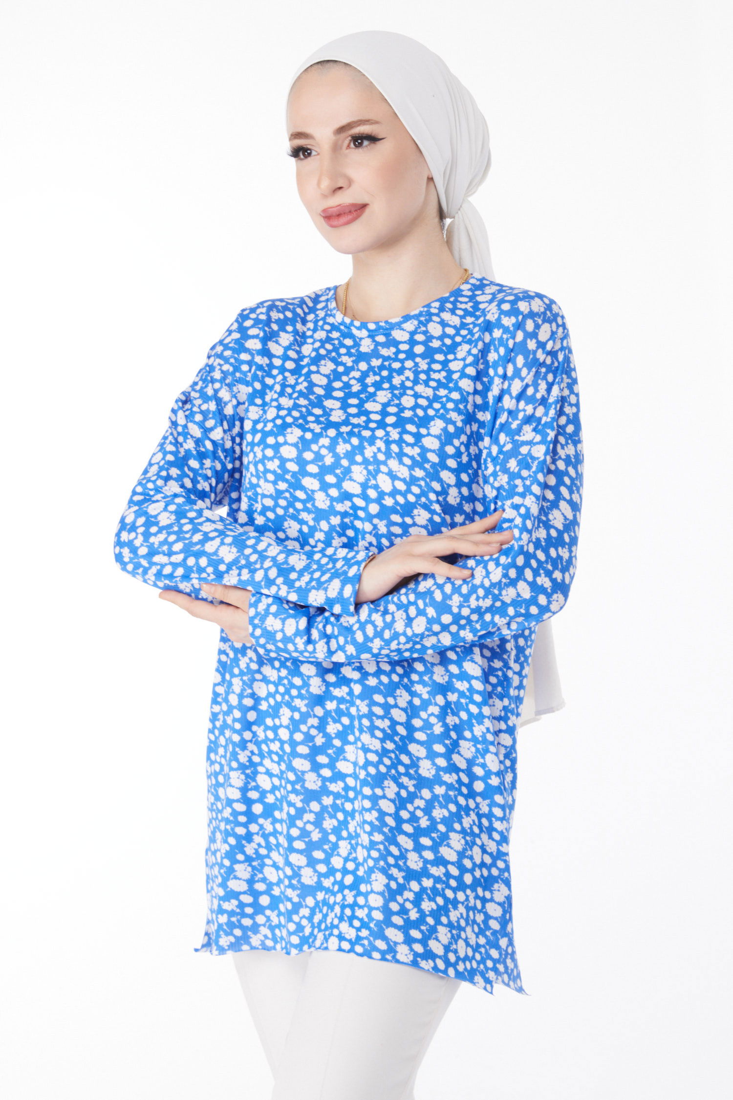 Düz Bisiklet Yaka Kadın Mavi Desenli Bluz - 24746