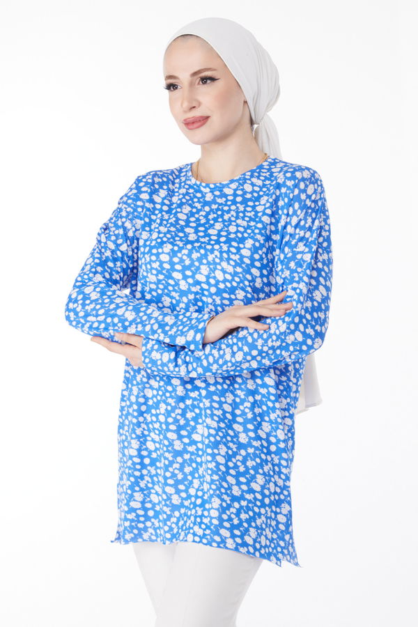 Düz Bisiklet Yaka Kadın Mavi Desenli Bluz - 24746