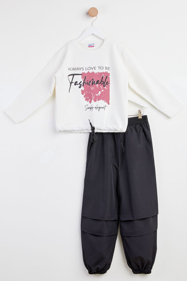 Kız Çocuk Beyaz Baskılı Sweatshirt + Paraşüt Pantolon Takım - 24755