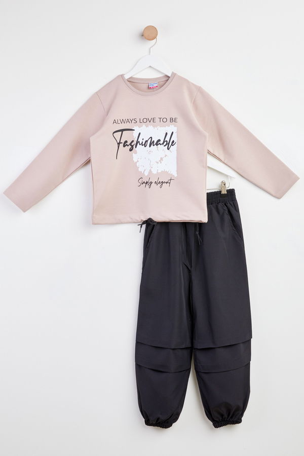 Kız Çocuk Vizon Baskılı Sweatshirt + Paraşüt Pantolon Takım - 24755 VİZON