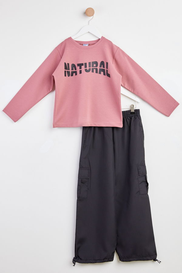 Kız Çocuk Pembe Baskılı Sweatshirt + Paraşüt Pantolon Takım - 24756 PEMBE