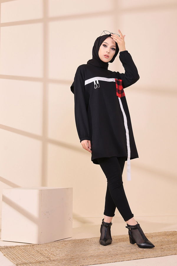 Düz Bisiklet Yaka Kadın Siyah 3373 TUNIK - 3373