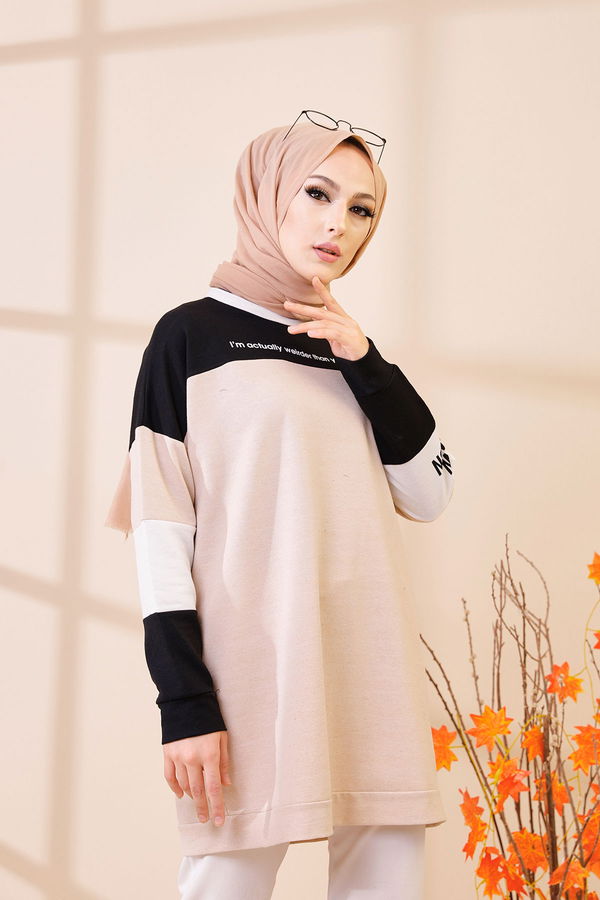 Düz Bisiklet Yaka Kadın Bej 3383 TUNIK - 3383 BEJ
