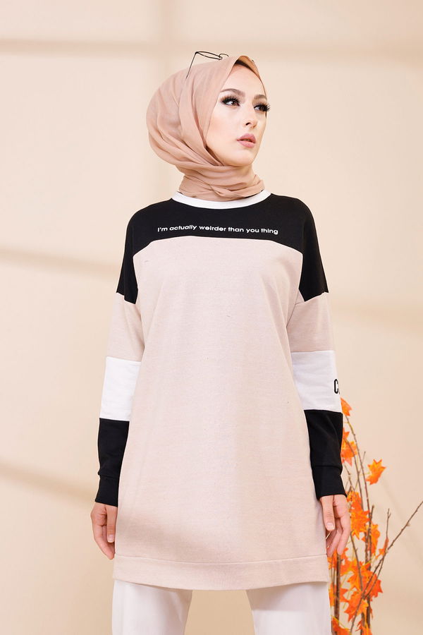 Düz Bisiklet Yaka Kadın Bej 3383 TUNIK - 3383 BEJ