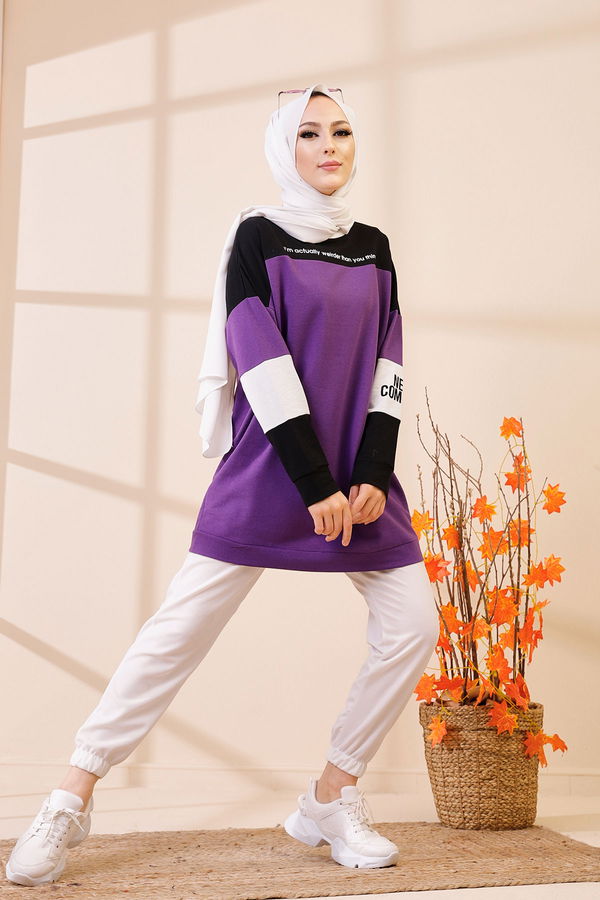 Düz Bisiklet Yaka Kadın Mor 3383 TUNIK - 3383 MOR