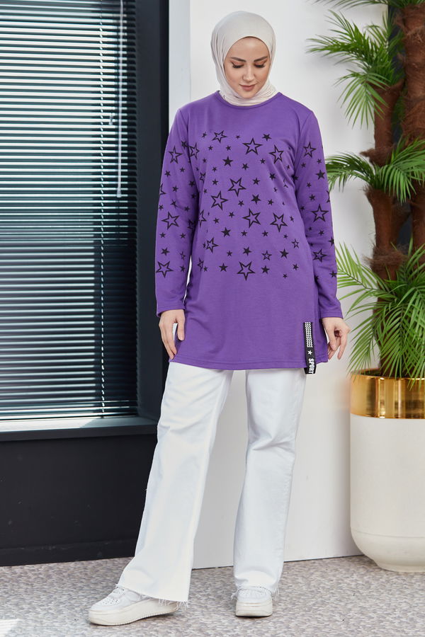 Düz Bisiklet Yaka Kadın Mor Yıldız Baskılı Tunik - 8385 MOR