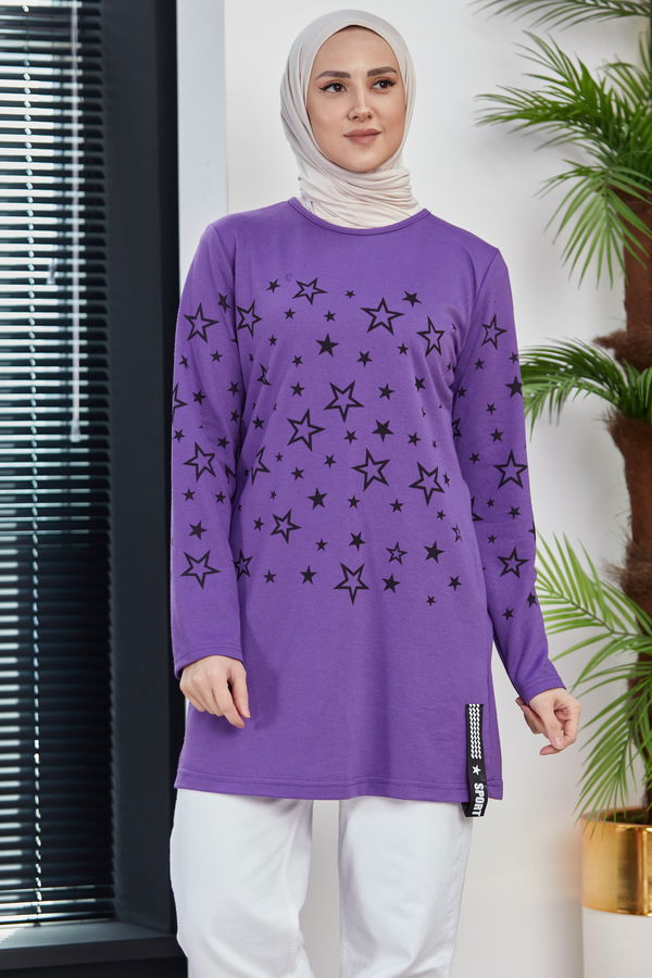 Düz Bisiklet Yaka Kadın Mor Yıldız Baskılı Tunik - 8385 MOR