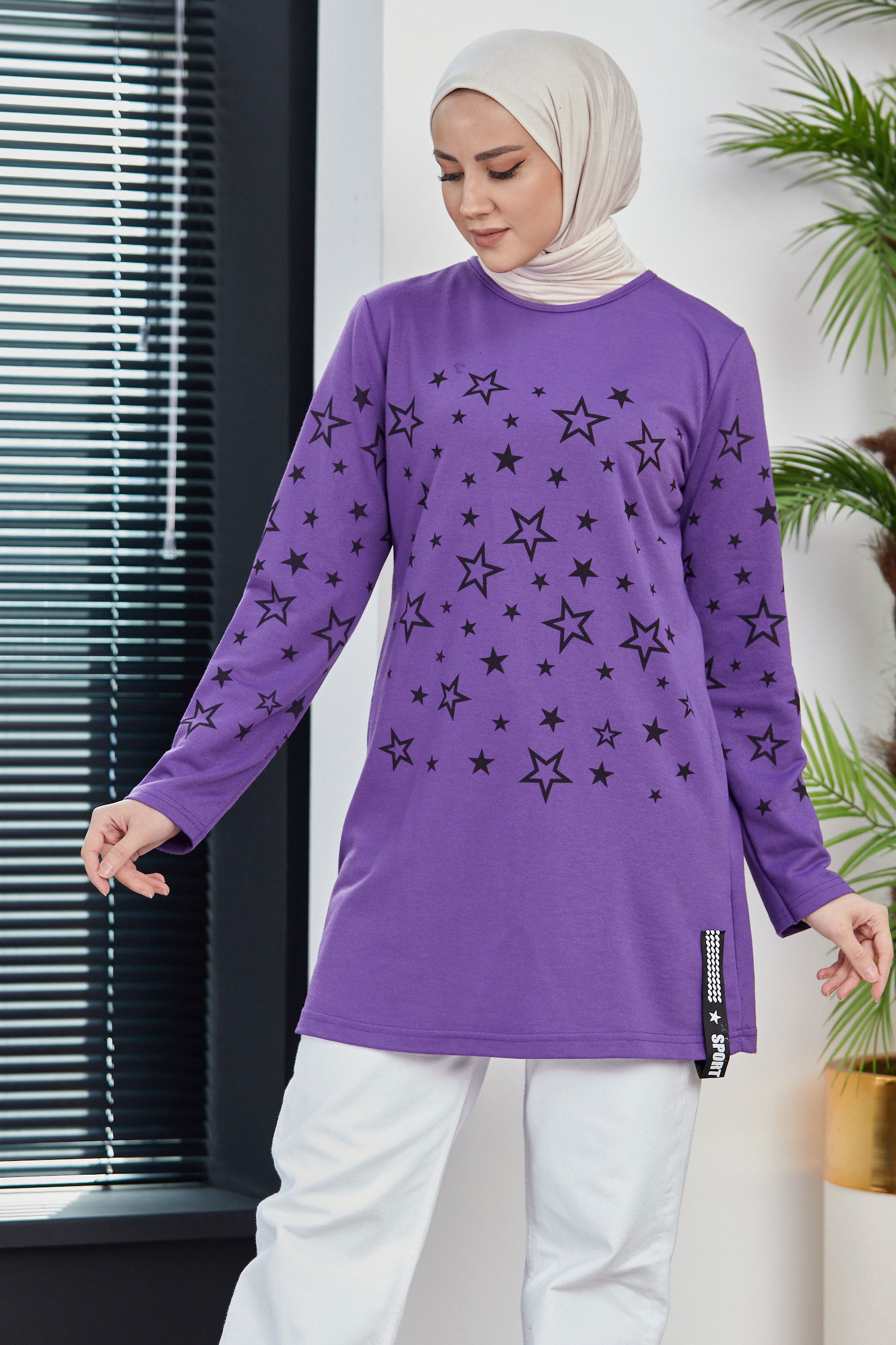 Düz Bisiklet Yaka Kadın Mor Yıldız Baskılı Tunik - 8385 MOR