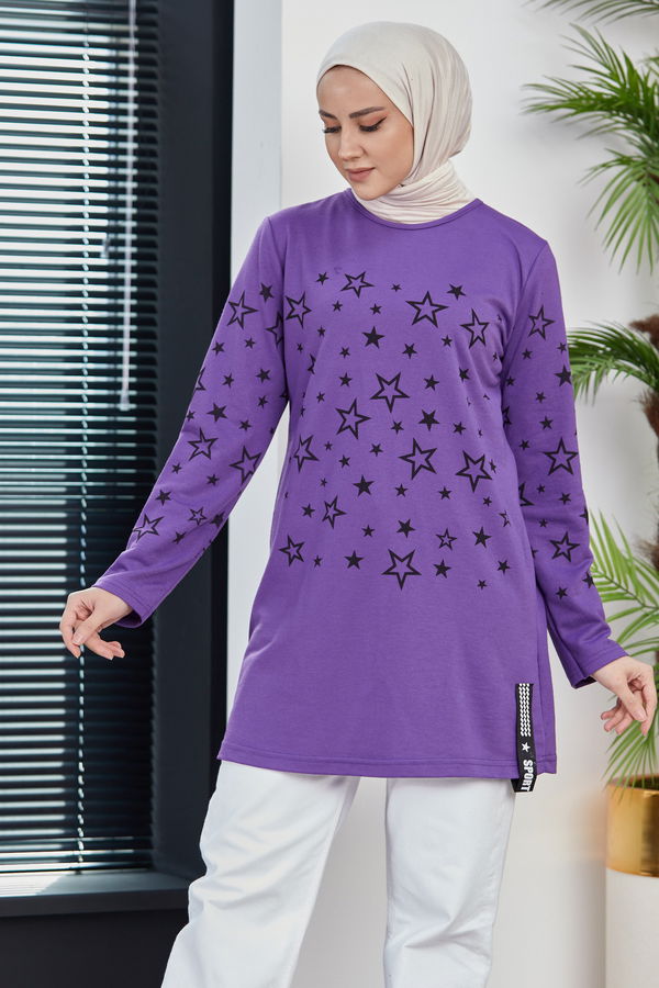 Düz Bisiklet Yaka Kadın Mor Yıldız Baskılı Tunik - 8385 MOR
