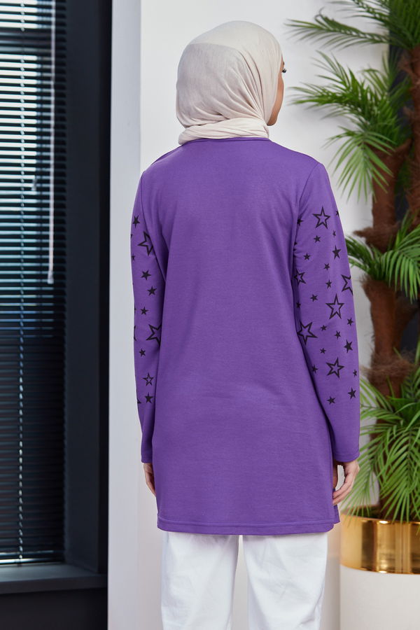 Düz Bisiklet Yaka Kadın Mor Yıldız Baskılı Tunik - 8385 MOR