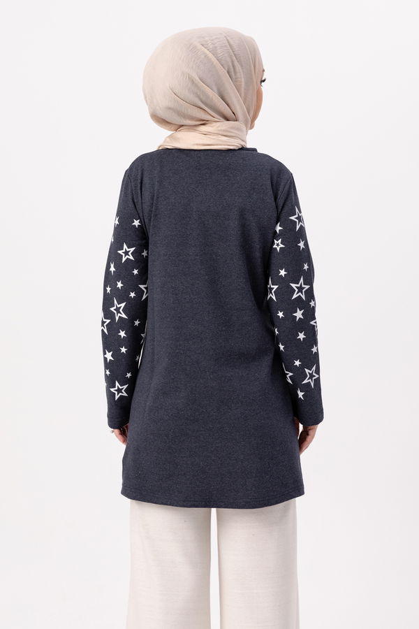 Düz Bisiklet Yaka Kadın Lacivert Yıldız Baskılı Tunik - 8385 LACİVERT