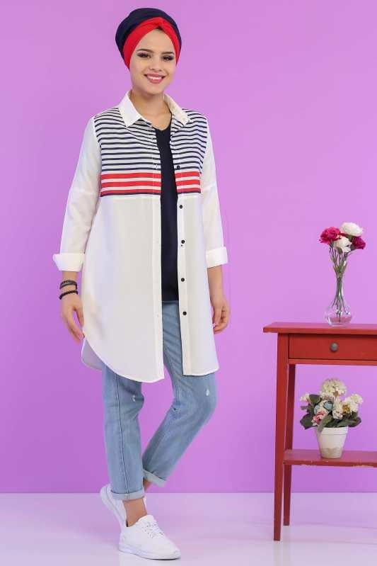 Düz Orta Kadın Kırmızı Çizgili Tunik Laci Pudra  - 6811 Kırmızı