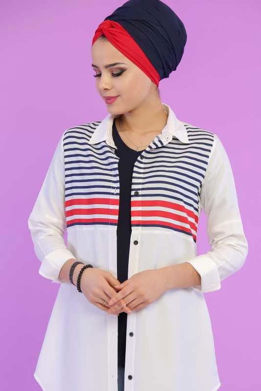 Düz Orta Kadın Kırmızı Çizgili Tunik Laci Pudra  - 6811 Kırmızı