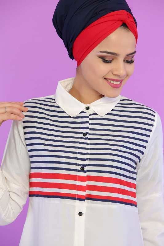 Düz Orta Kadın Kırmızı Çizgili Tunik Laci Pudra  - 6811 Kırmızı