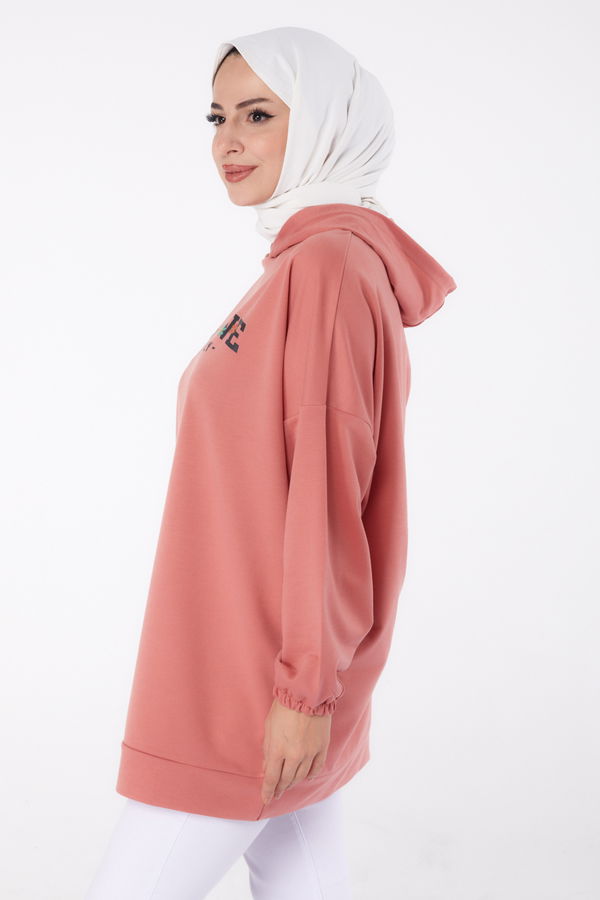 Düz Kapşonlu Yaka Kadın Pembe Baskılı Sweatshirt - 13333 PEMBE