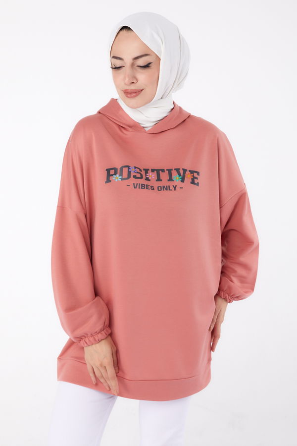 Düz Kapşonlu Yaka Kadın Pembe Baskılı Sweatshirt - 13333 PEMBE