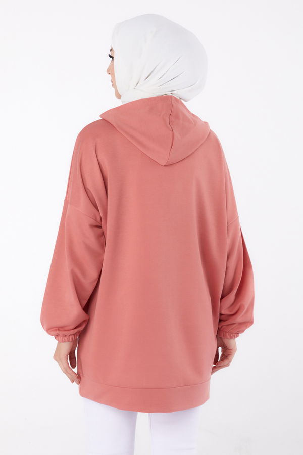 Düz Kapşonlu Yaka Kadın Pembe Baskılı Sweatshirt - 13333 PEMBE