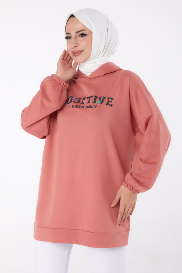 Düz Kapşonlu Yaka Kadın Pembe Baskılı Sweatshirt - 13333 PEMBE