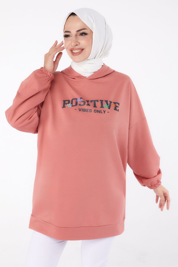 Düz Kapşonlu Yaka Kadın Pembe Baskılı Sweatshirt - 13333 PEMBE