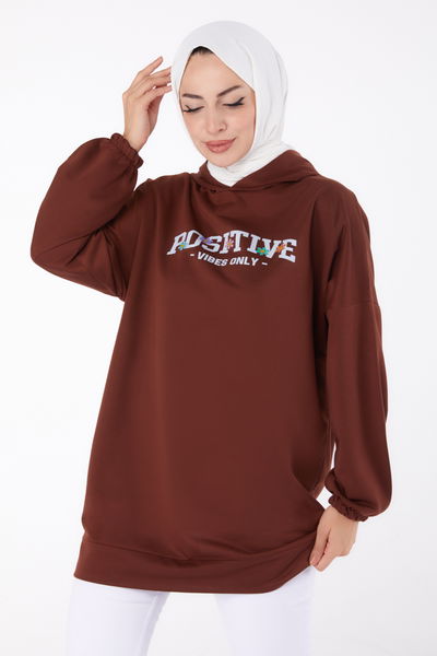 Düz Kapşonlu Yaka Kadın Kahverengi Baskılı Sweatshirt - 13333