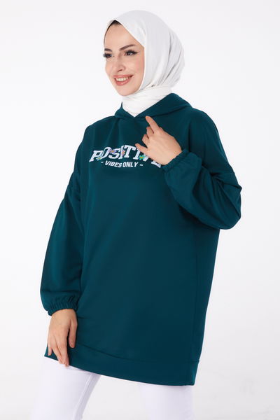 Düz Kapşonlu Yaka Kadın Yeşil Baskılı Sweatshirt - 13333