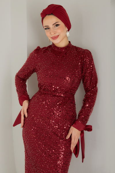 Düz Hakim Yaka Kadın Bordo Payetli Abiye - 26562