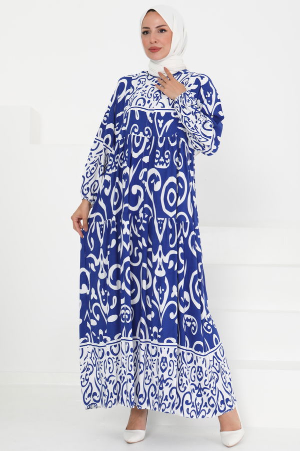 Desenli Düğmeli Elbise - 27428 MAVİ