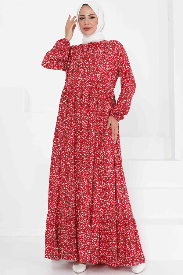 Desenli Elbise - 27421 Kırmızı
