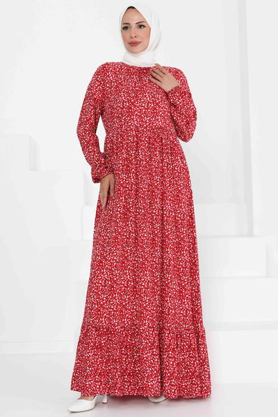 Desenli Elbise - 27421 Kırmızı