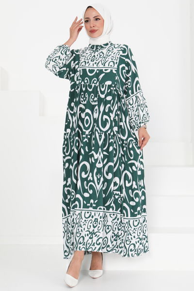 Desenli Düğmeli Elbise - 27428 YEŞİL